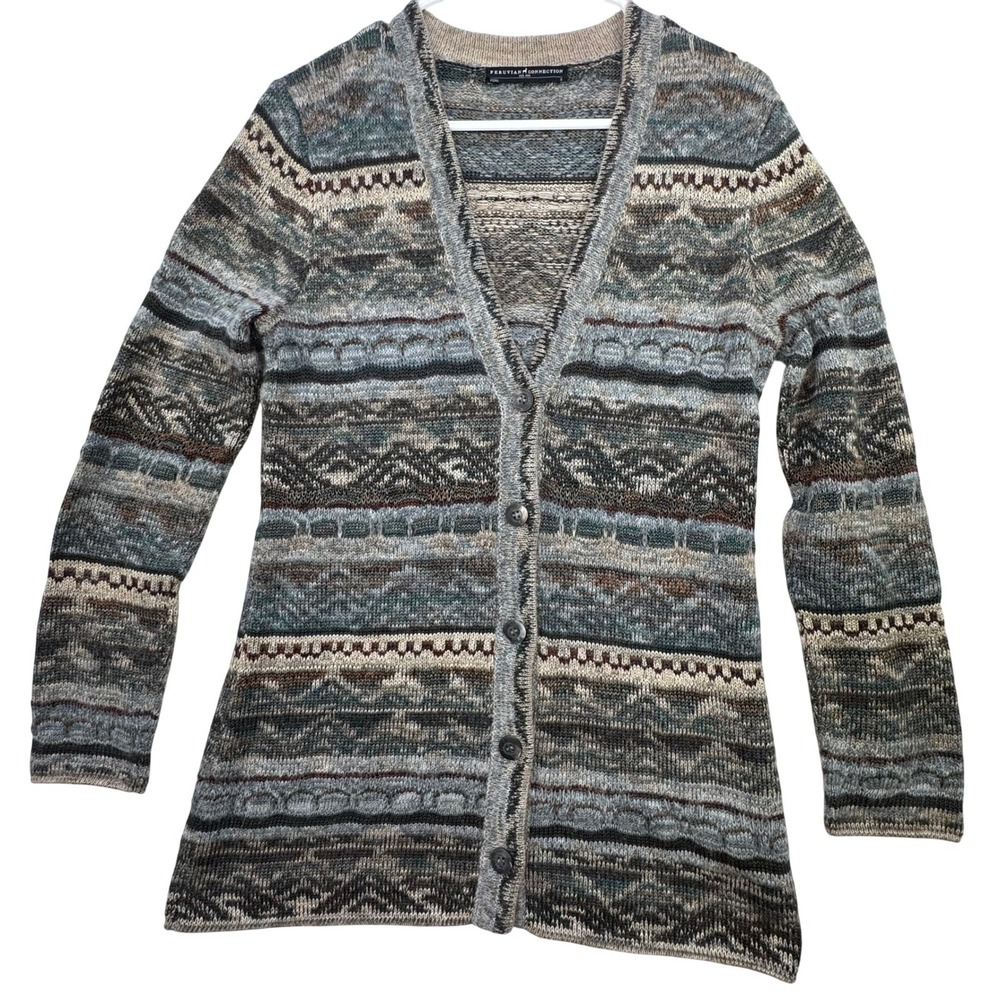 Peruvian‎ Connection Cardigan Women S Grey Fair Isle Geometric Boho Sweater